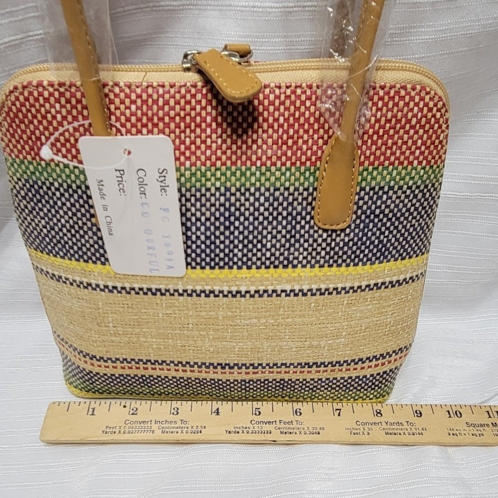 Multicolor Striped Straw Handbag Woven Summer Tote Bag FG 1091A NEW - Picture 2 of 7